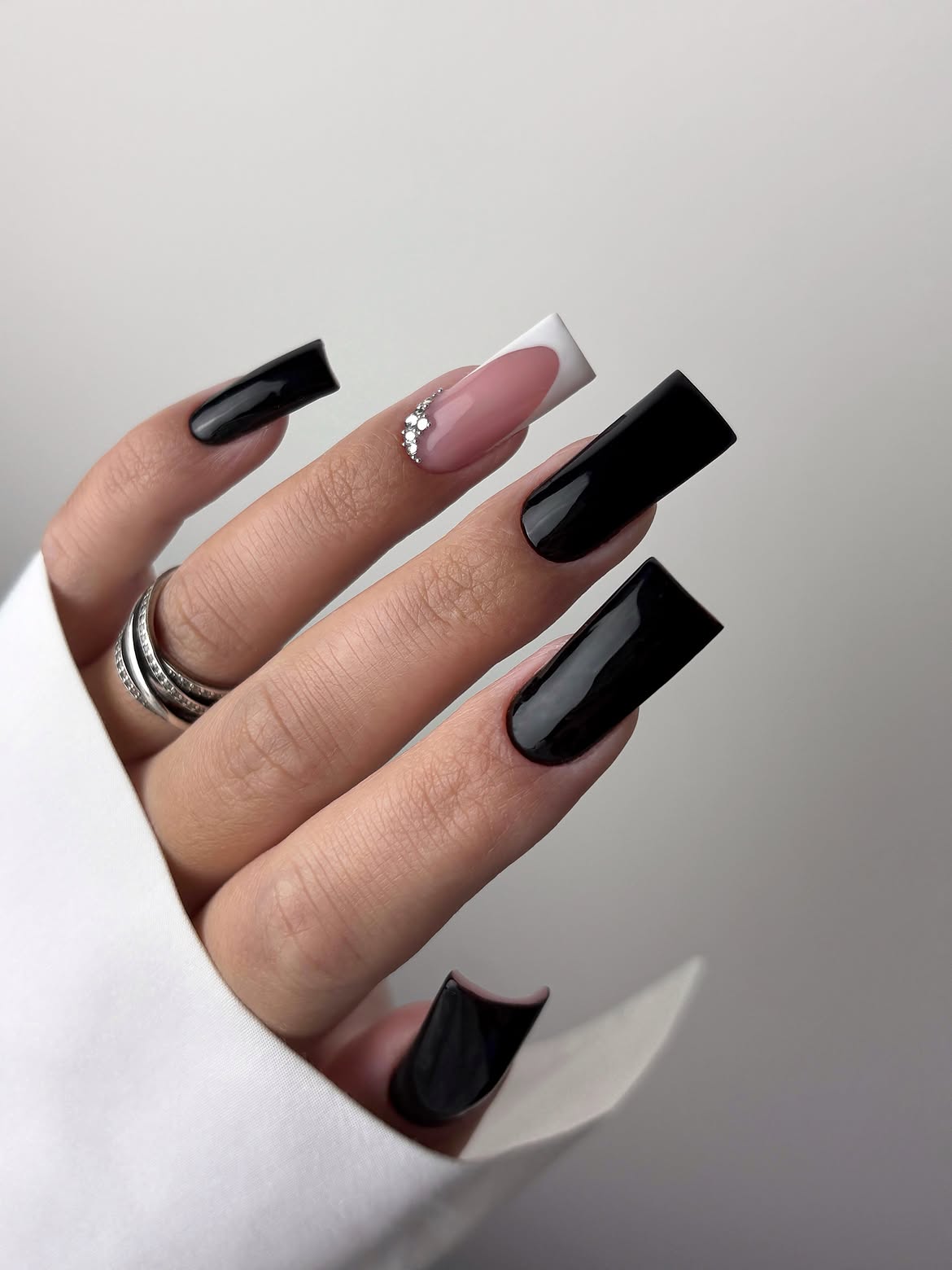 Chic Black French Tips with Diamond Accents