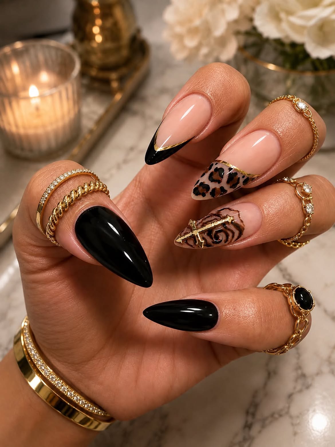 Chic Black Leopard French Almond Nails