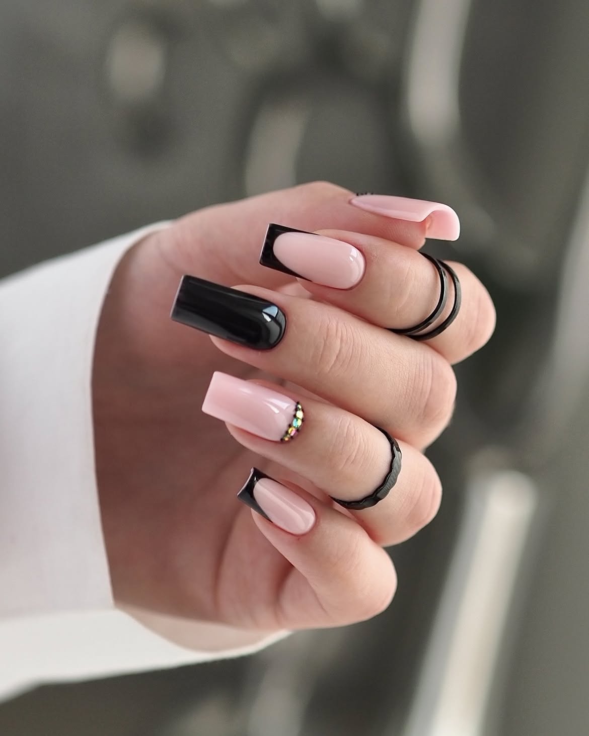 Chic Black & Pink French Tip Coffin Nails