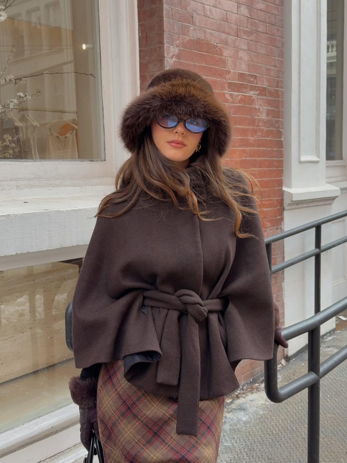 Chic Brown Cape With Plaid Skirt Winter Ensemble