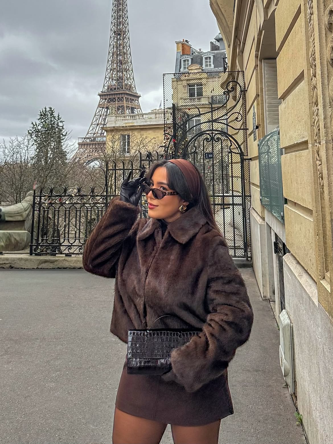 Chic Brown Faux Fur Coat With Paris Backdrop