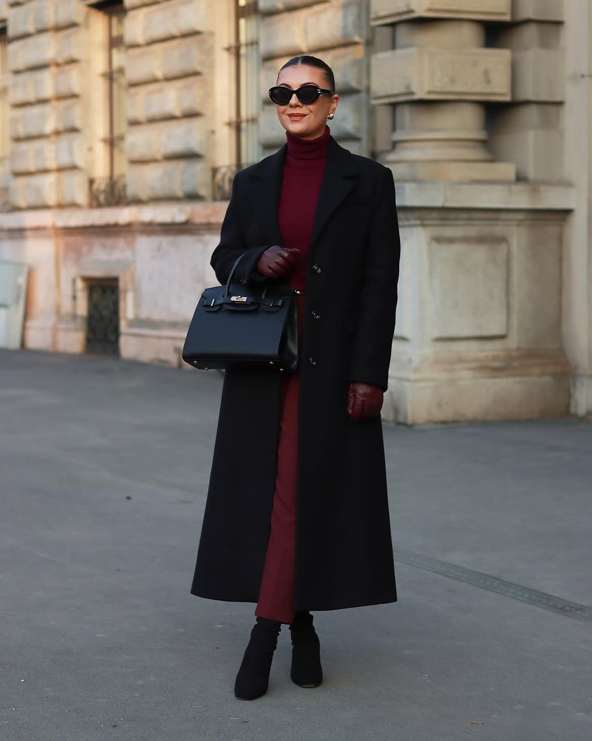 Chic Burgundy and Black Long Coat Wedding Guest Outfit