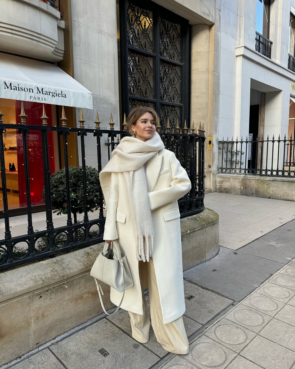 Chic Cream Coat and Wide-Leg Trouser Winter Wedding Guest