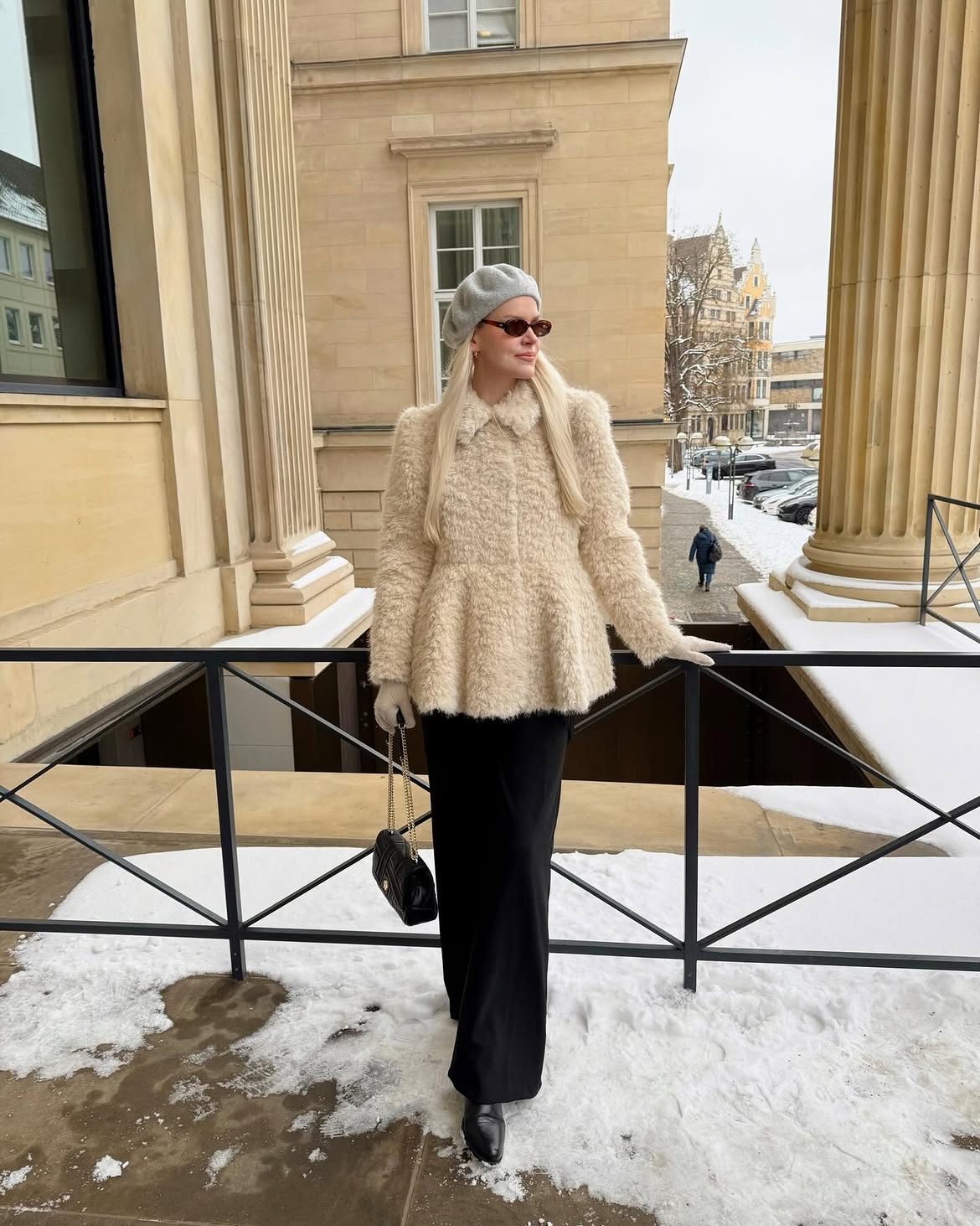 Chic Cream Textured Coat With Black Wide Leg Pants
