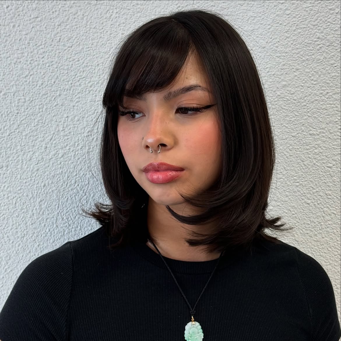Chic Dark Espresso Lob With Side Swept Bangs