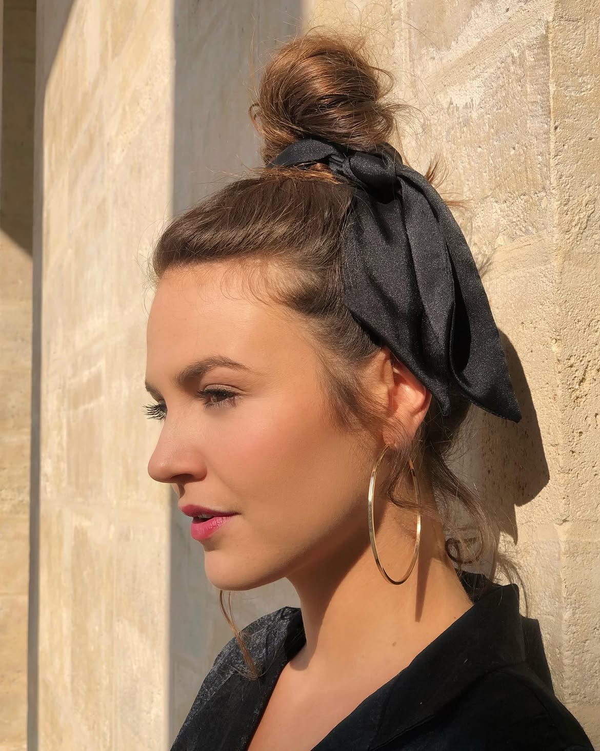 Chic Messy Bun With Black Silk Scarf