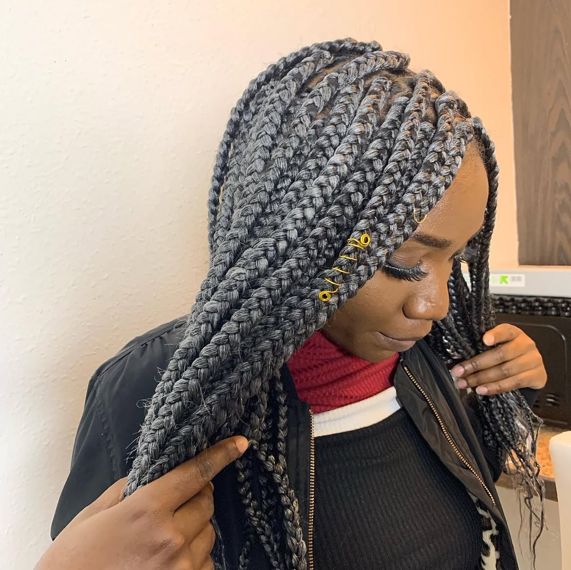 Chic Metallic Gray Box Braids With Gold Cuffs