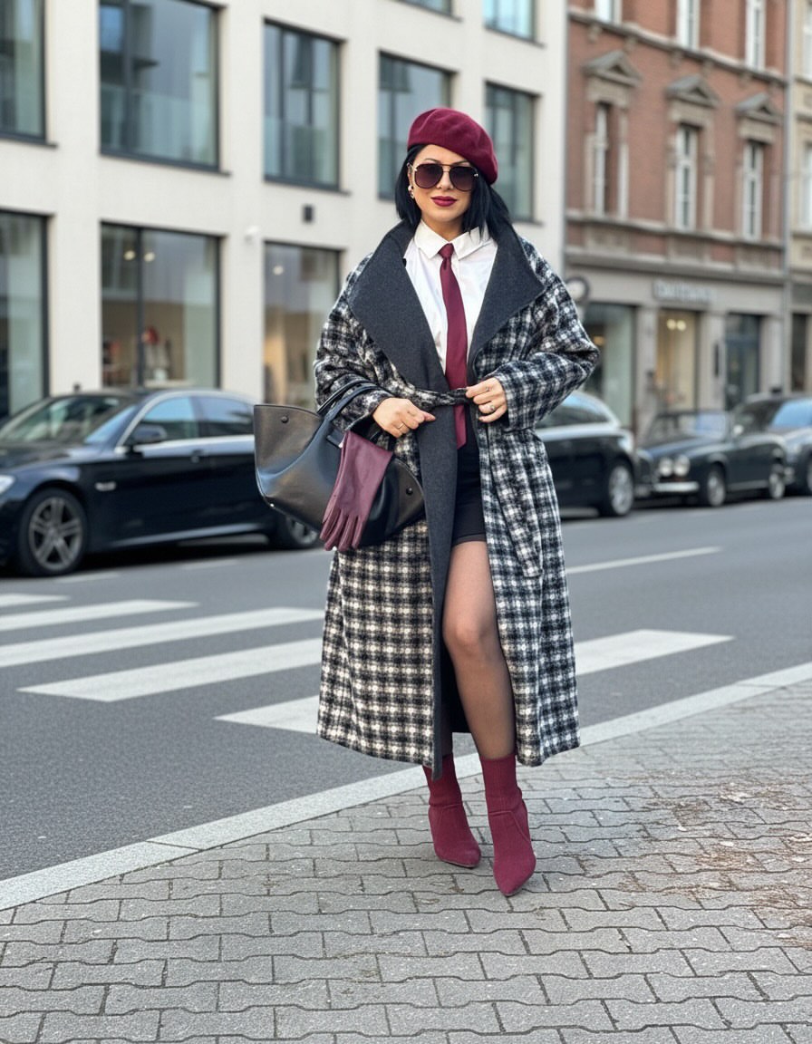 Chic Plaid Coat With Burgundy Accents