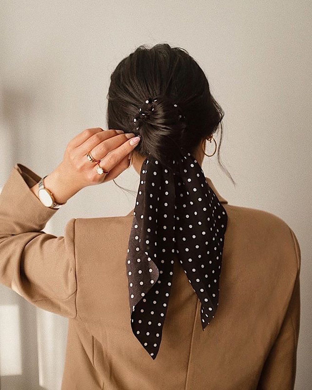 Chic Polka Dot Scarf Low Bun Hairstyle