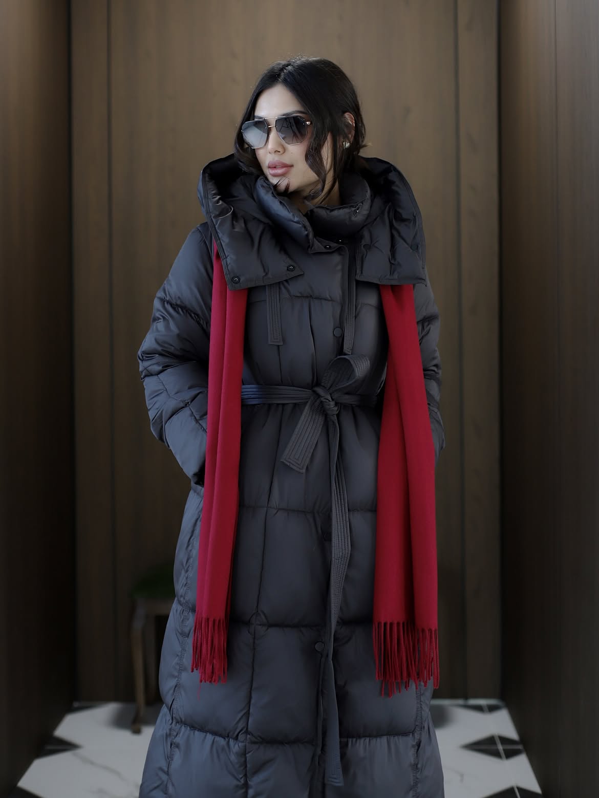 Chic Puffer Coat With Bold Red Scarf Layering