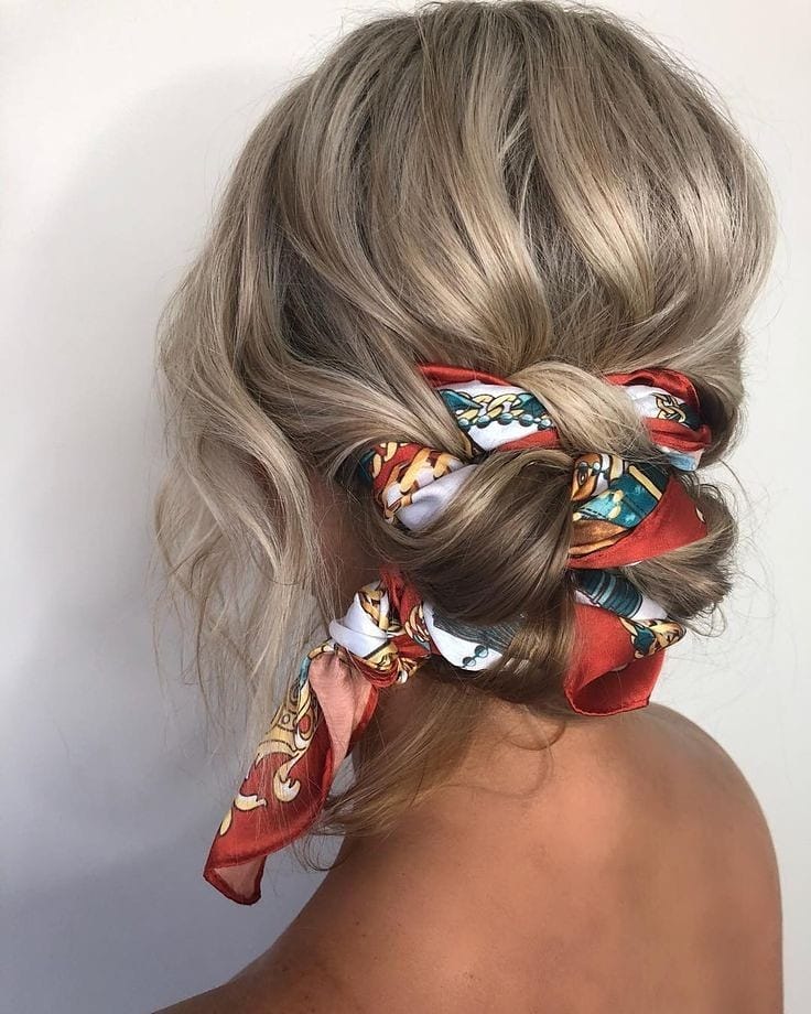 Chic Scarf Bun With Wavy Honey Blonde Hair