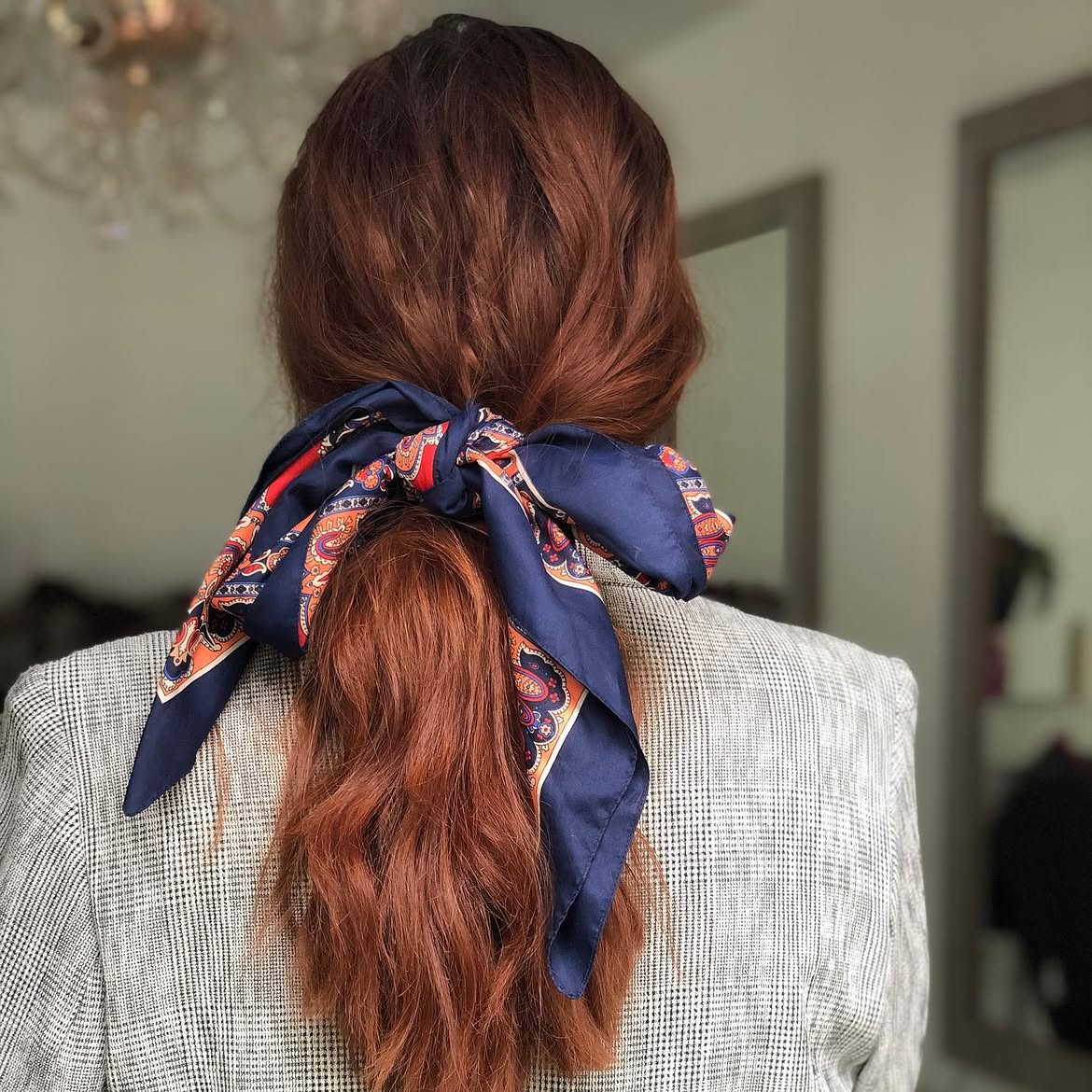 Chic Scarf Ponytail with Auburn Waves