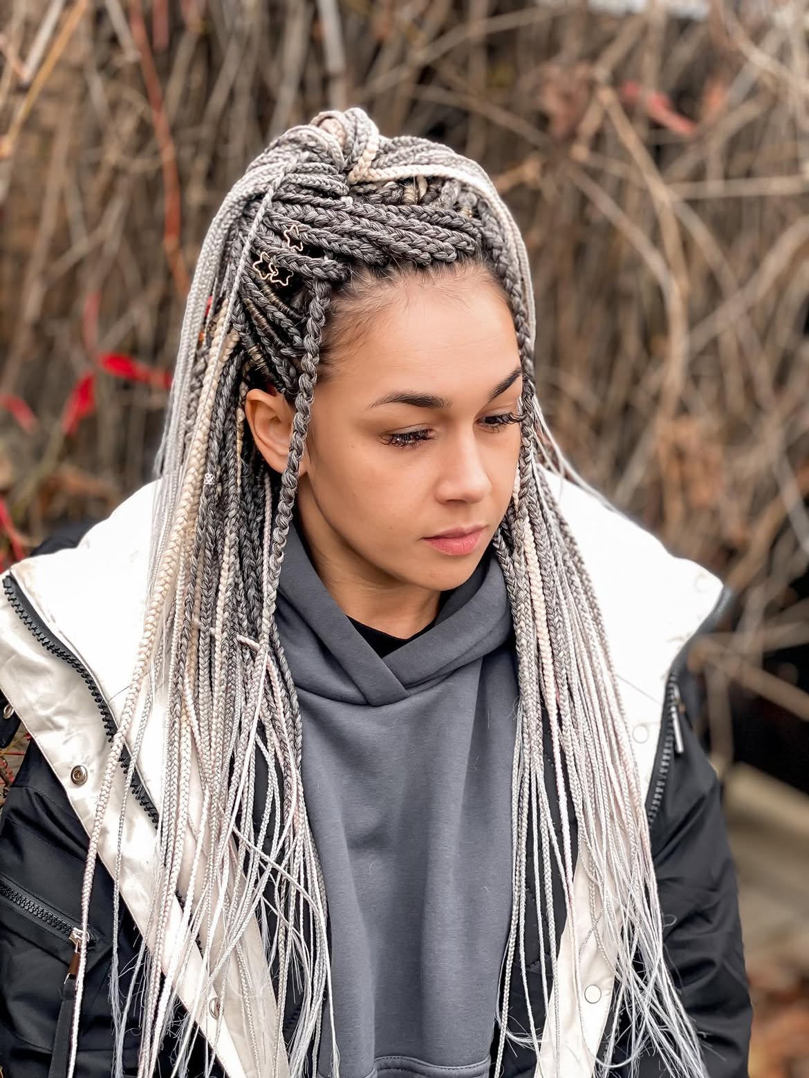 Chic Silver & White Box Braids With Star Charms