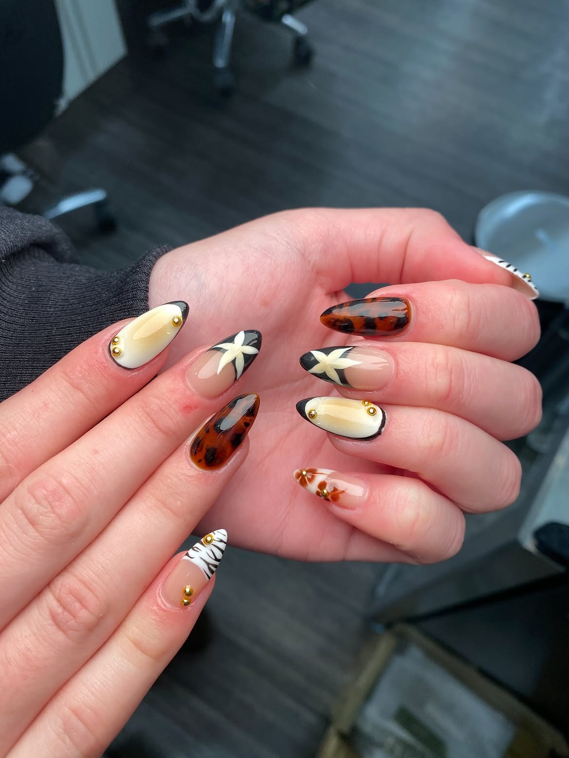 Chic Tortoiseshell and Animal Print Almond Nails