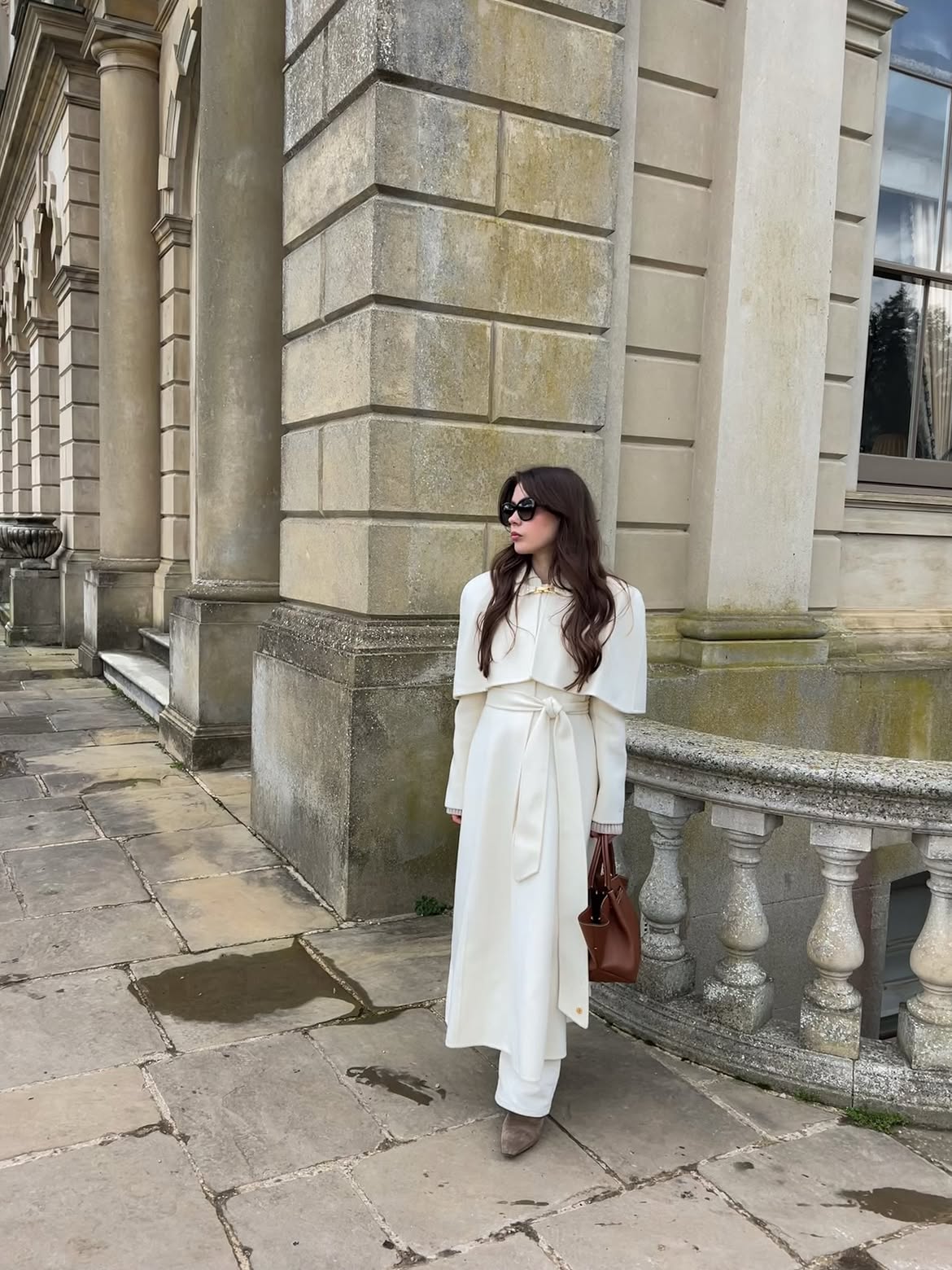 Chic Winter White Cape Coat With Trousers