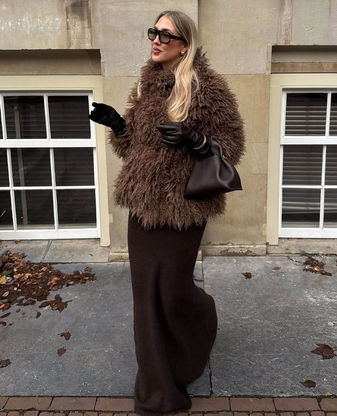 Chocolate Brown Knit Maxi Skirt And Shaggy Coat