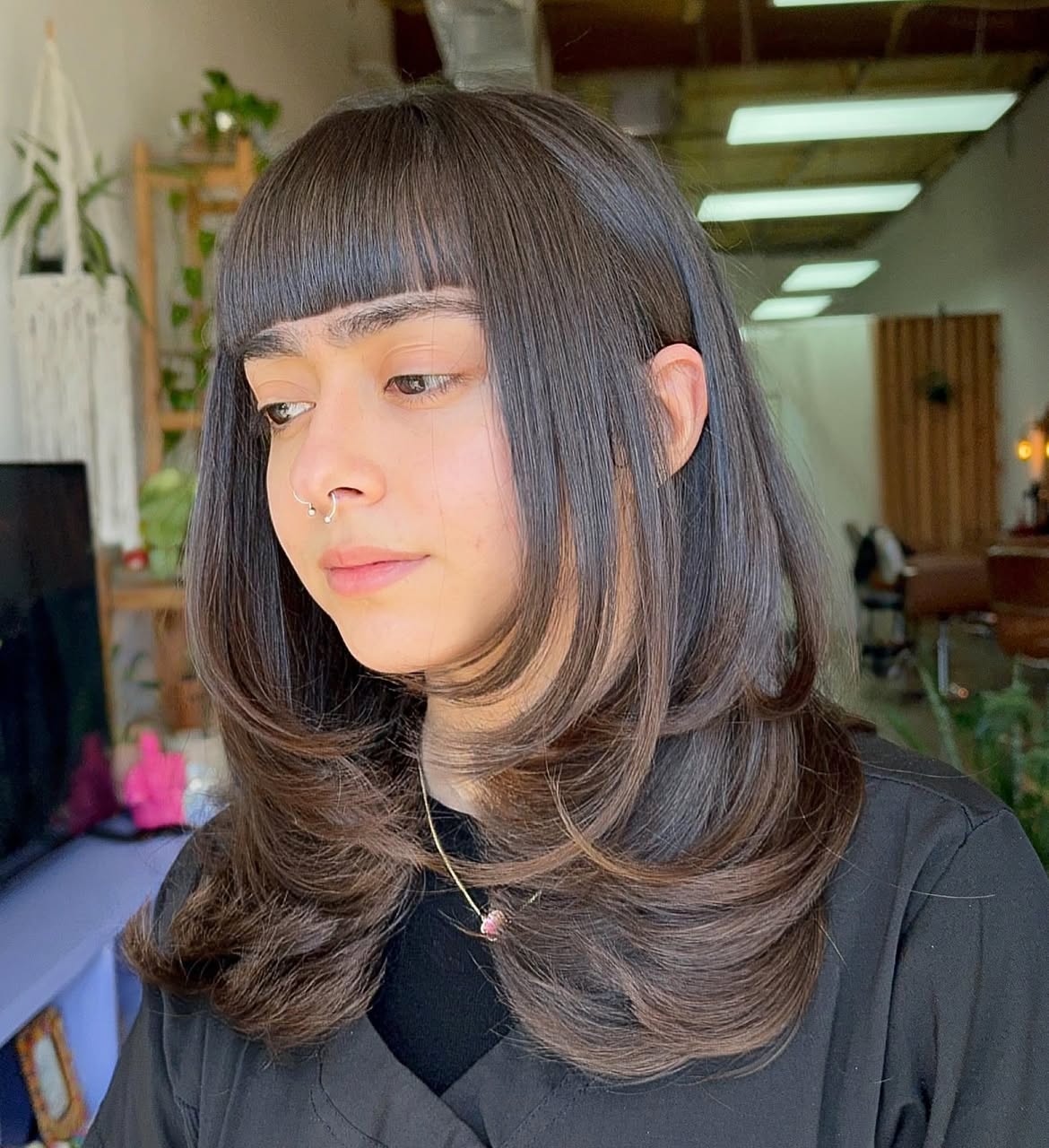 Chocolate Brown Layers With Blunt Bangs