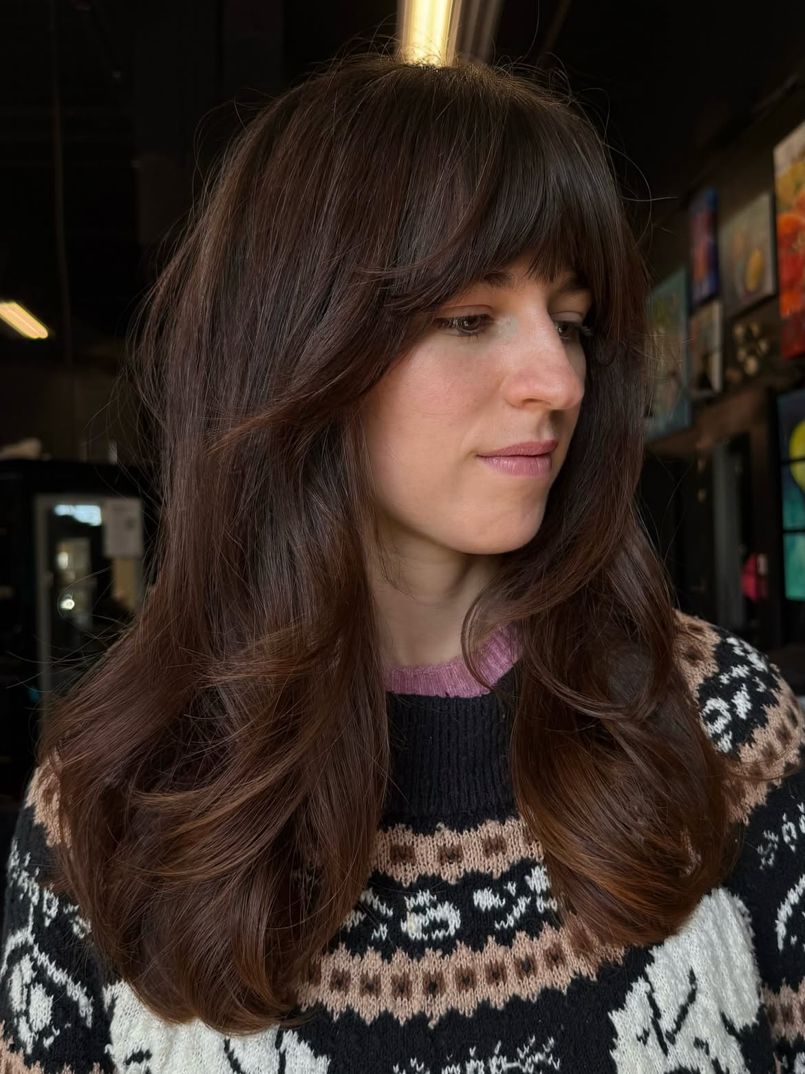 Chocolate Brown Layers With Face-Framing Bangs