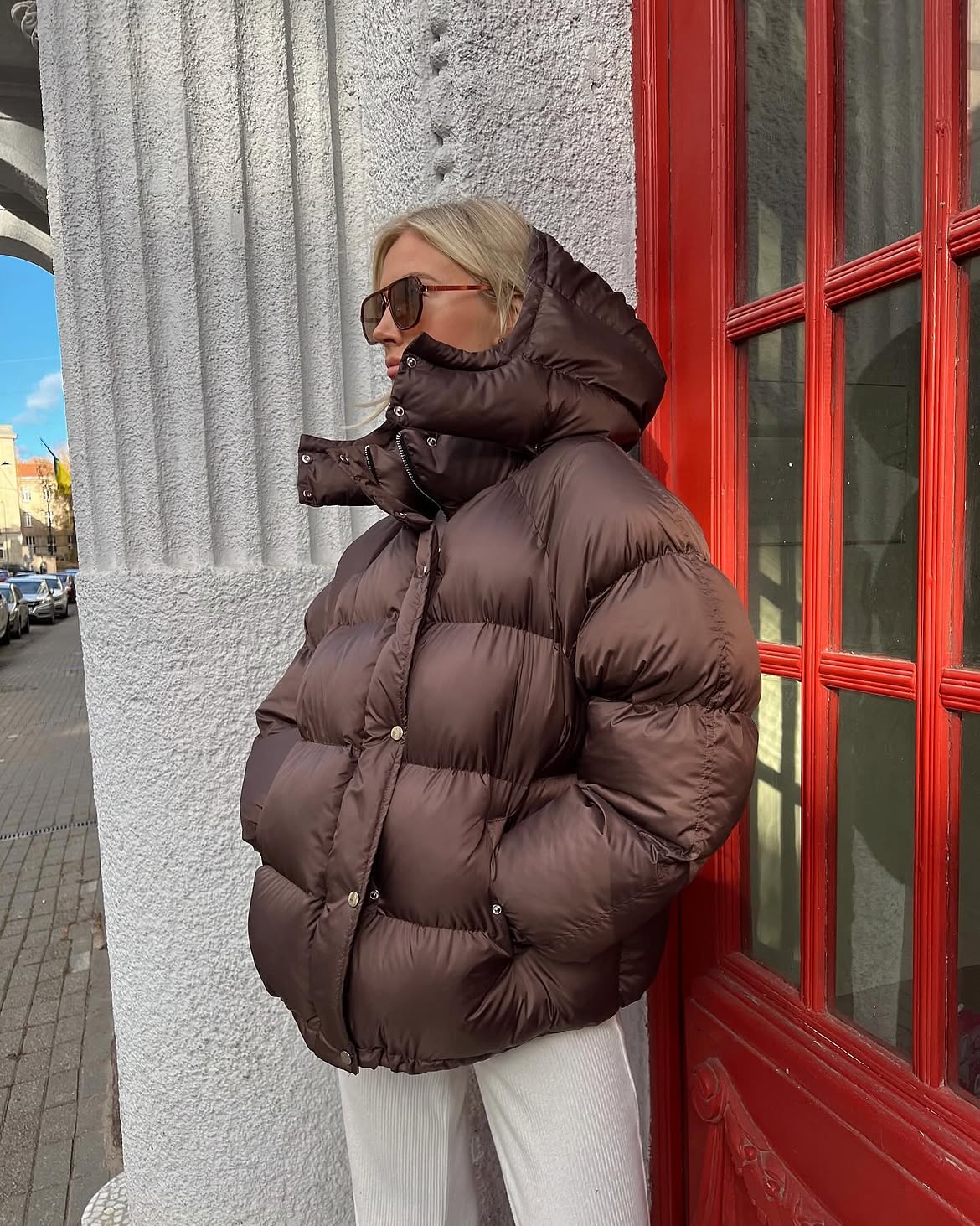 Chocolate Brown Puffer Jacket With White Trousers