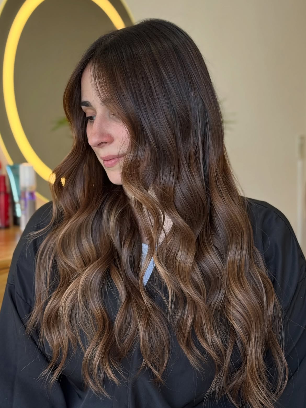 Chocolate Brown Waves With Caramel Balayage