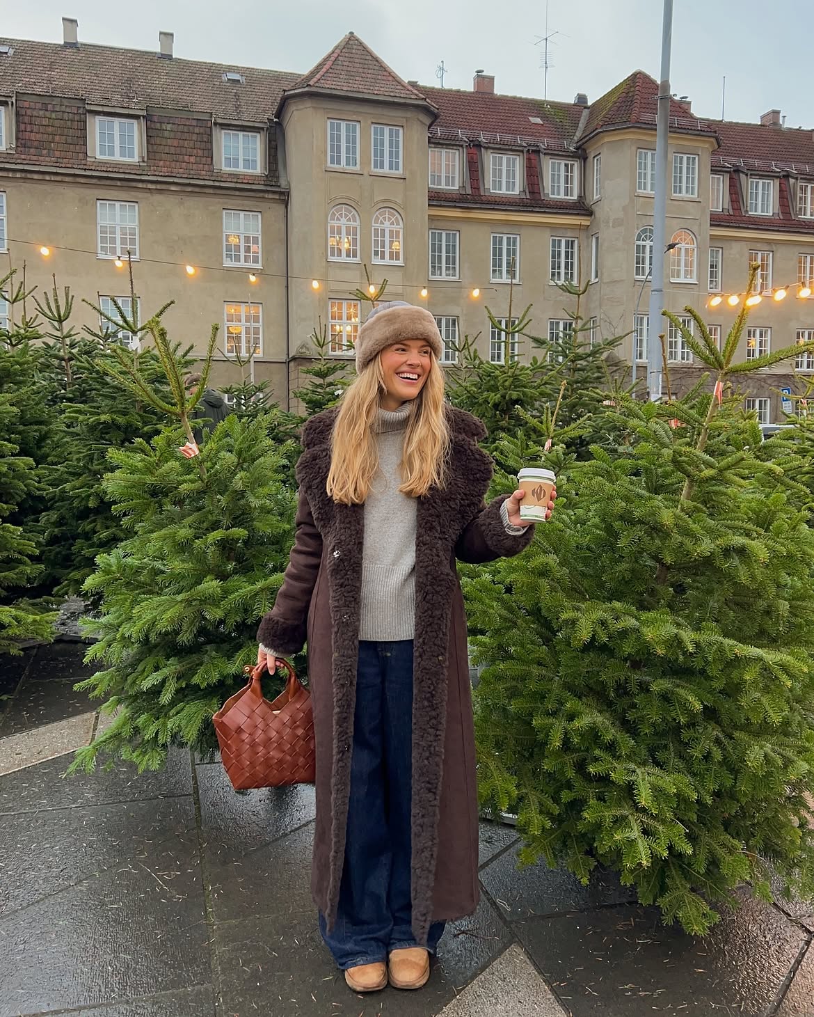 Chocolate Shearling Coat And Wide Leg Denim Winter Look