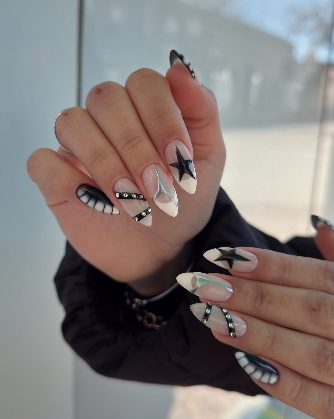Chrome Star Abstract French Tip Almond Nails