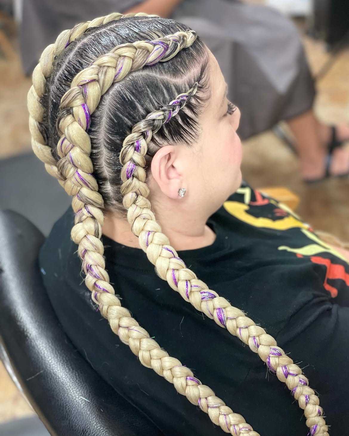 Chunky Blonde Braids With Purple Tinsel Accent