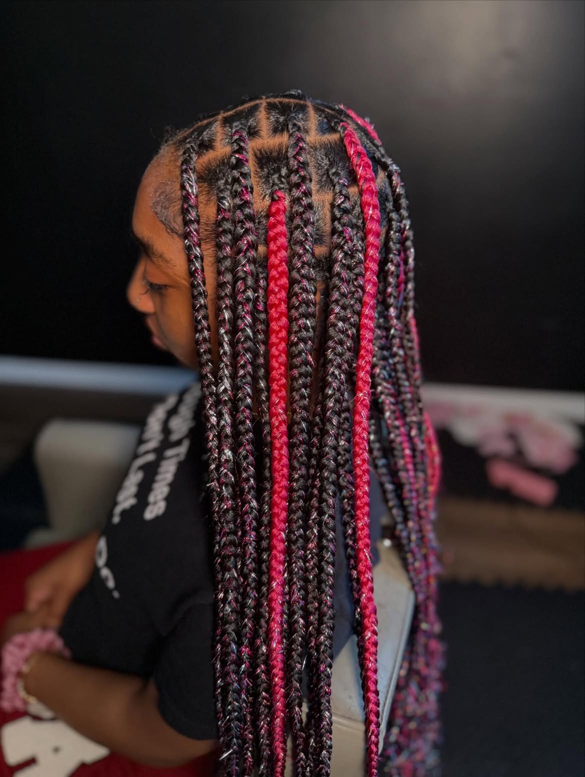 Chunky Box Braids With Pink Tinsel Strands