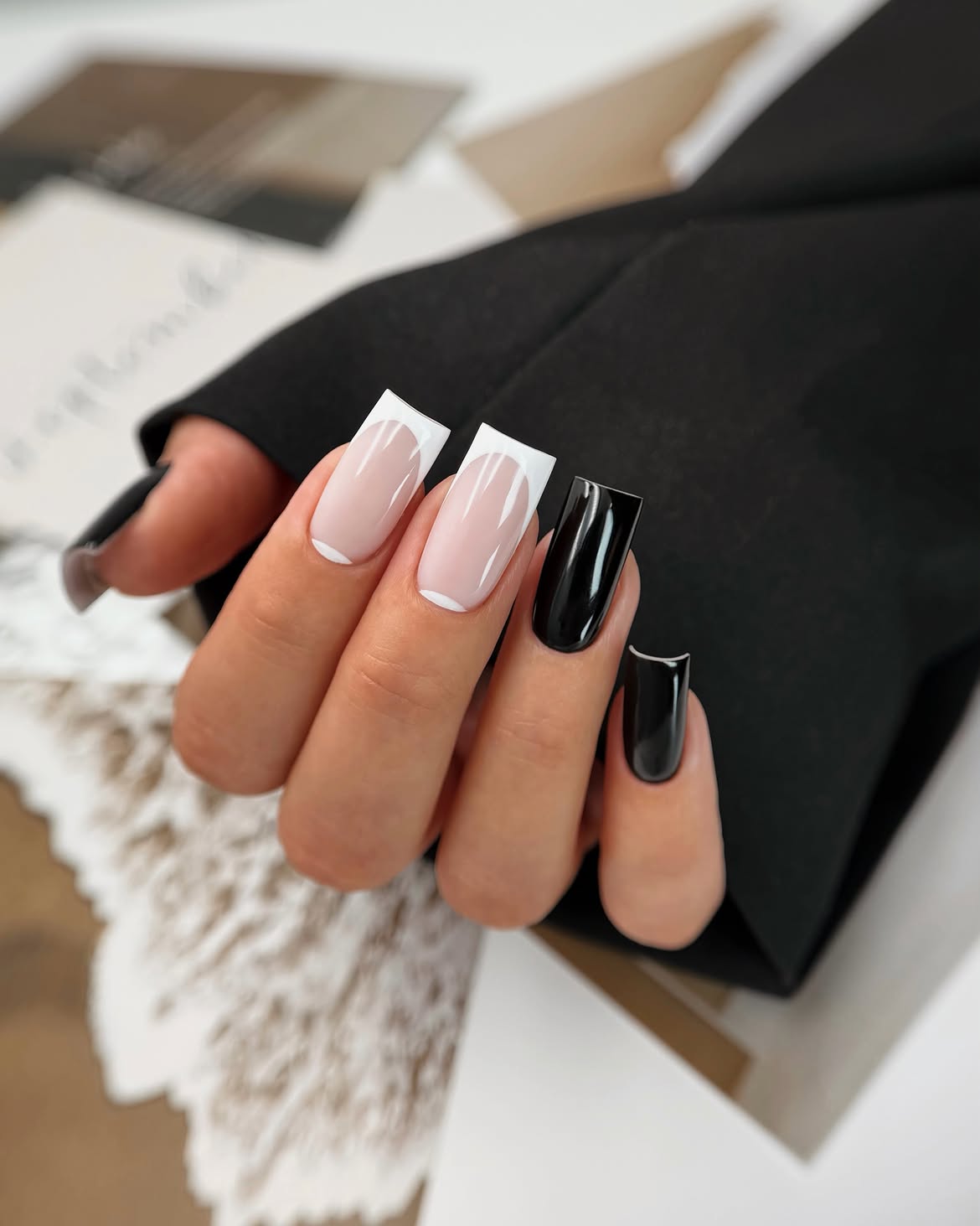 Classic Black and White French Tip Square Nails