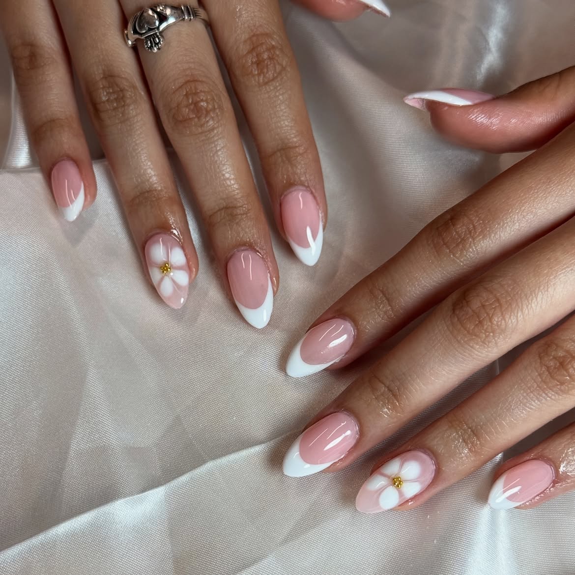 Classic French Tip With Delicate Flower Accent