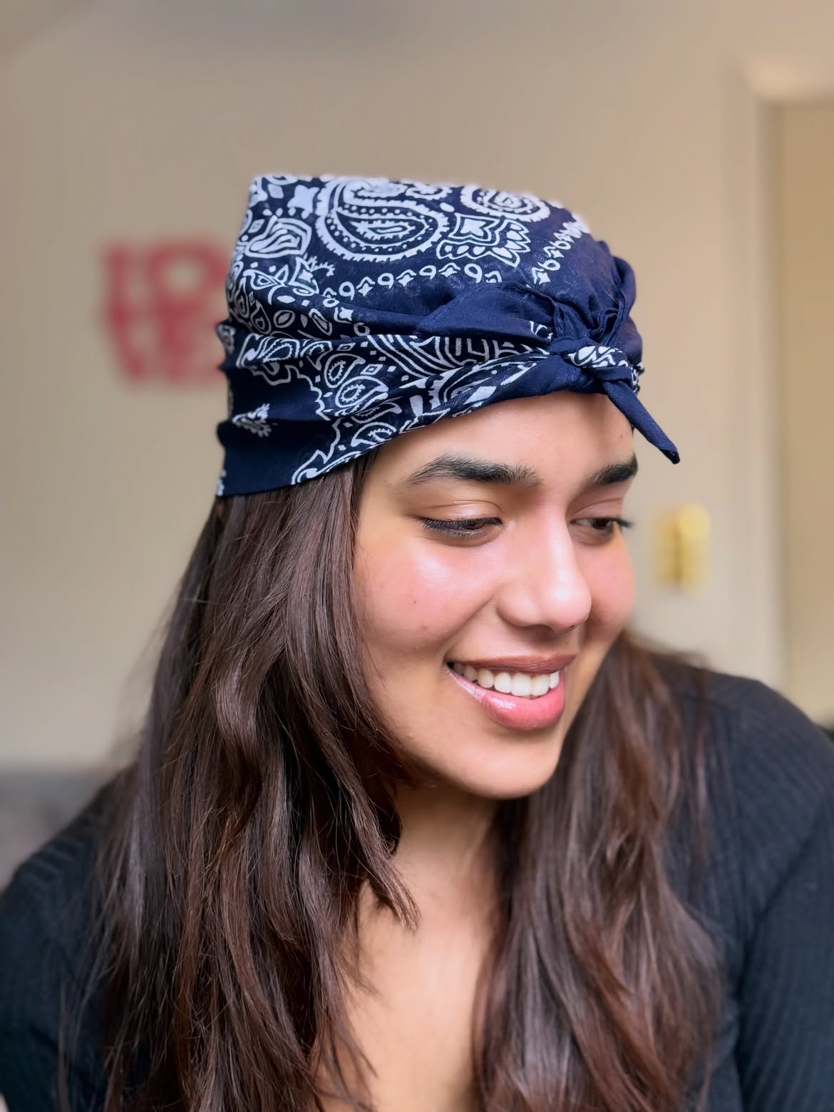 Classic Paisley Bandana Styled With Natural Brunette Waves
