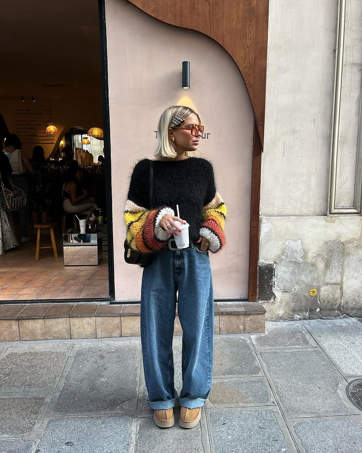 Colorblock Mohair Sweater With Cuffed Denim And Platform Slippers