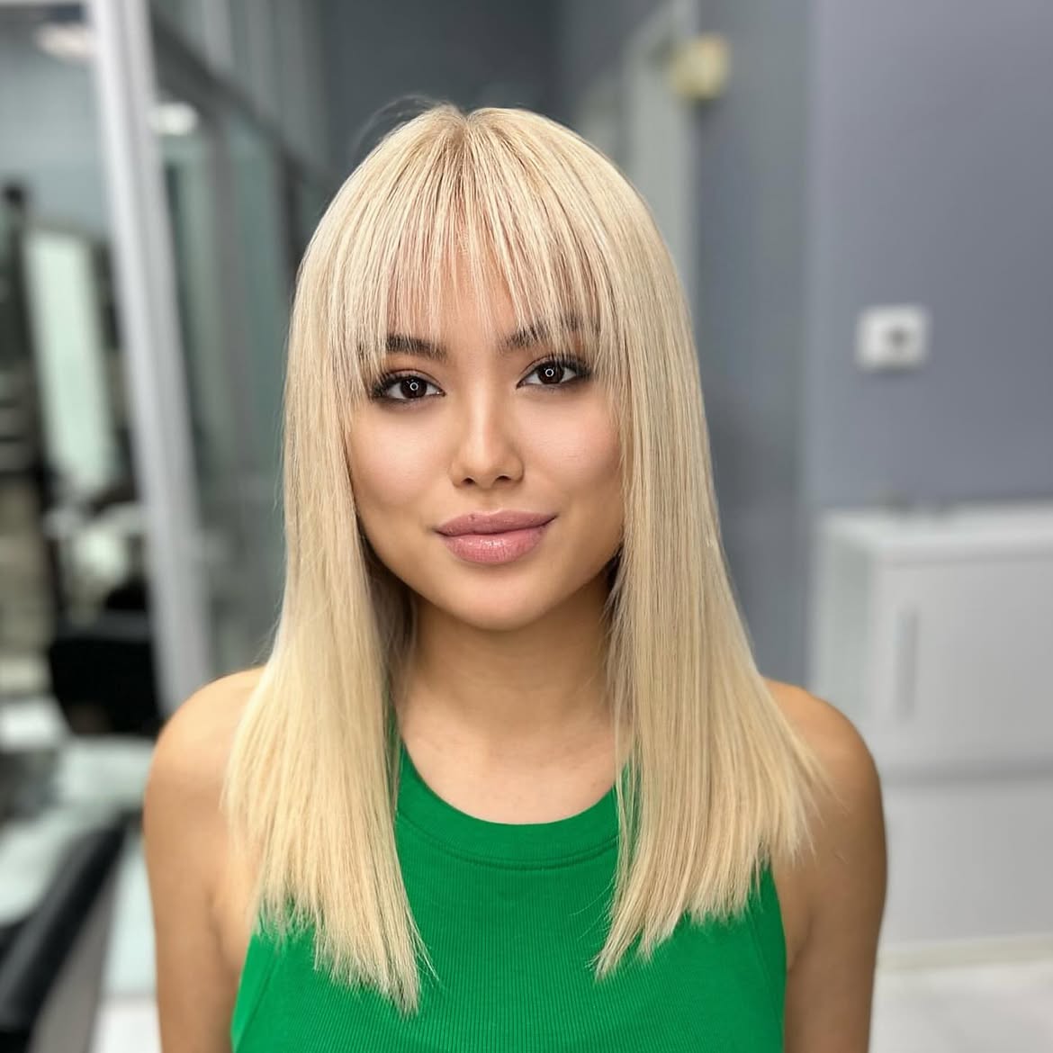 Cool Scandi Blonde Lob With Wispy Fringe
