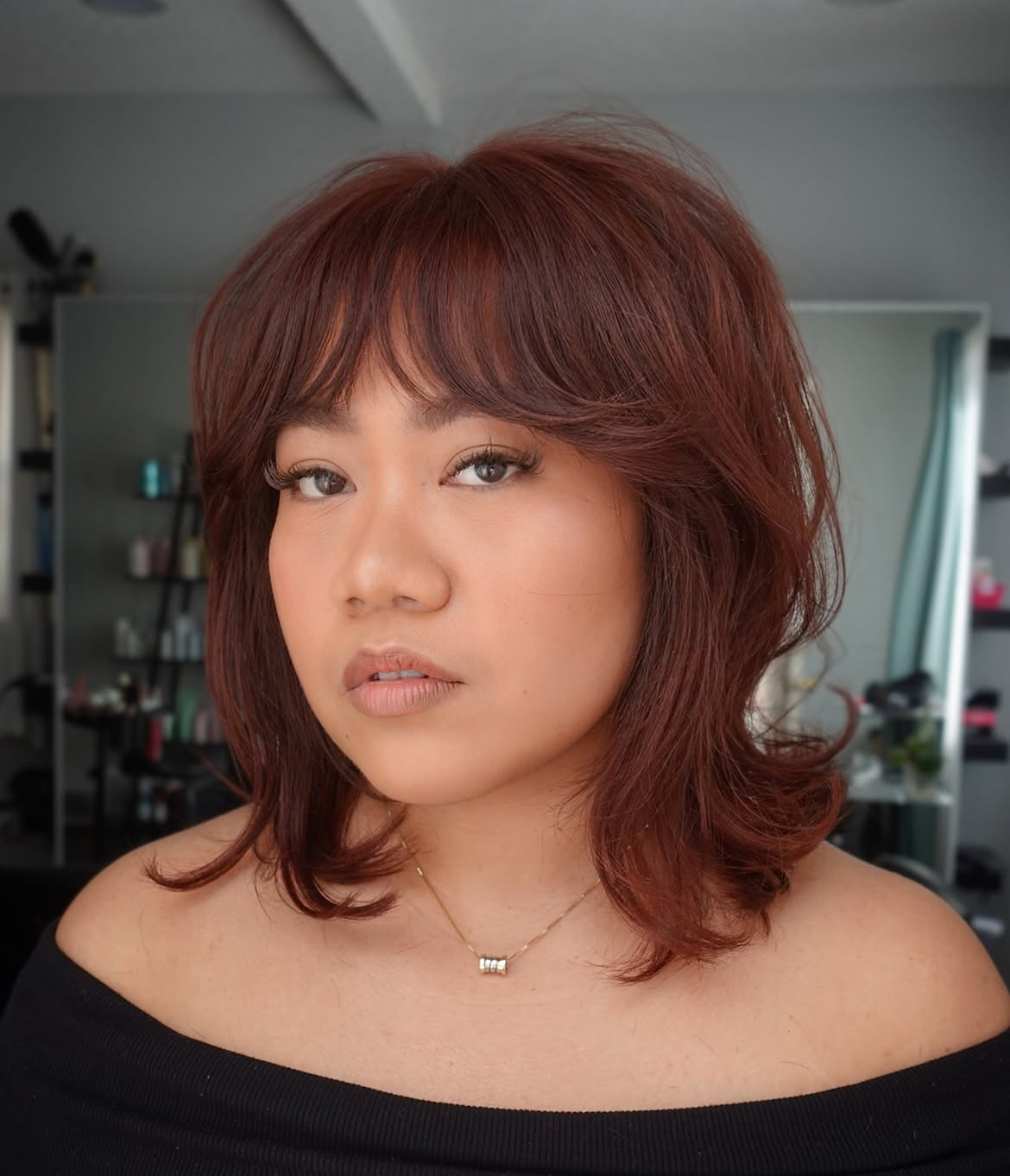 Copper Brown Shag With Voluminous Curtain Bangs