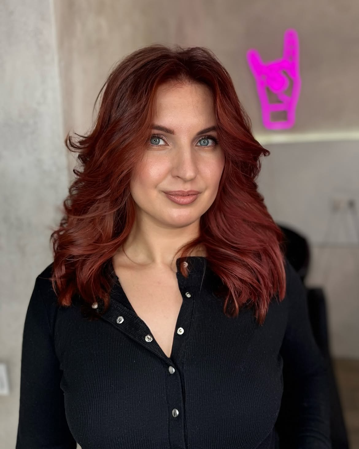 Copper Red Voluminous Waves With Face Framing Layers
