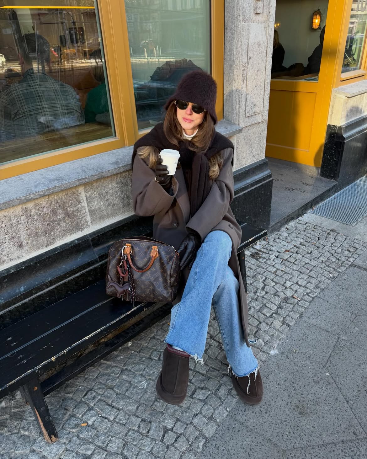 Cozy Brown Coat And Flared Jeans Street Style