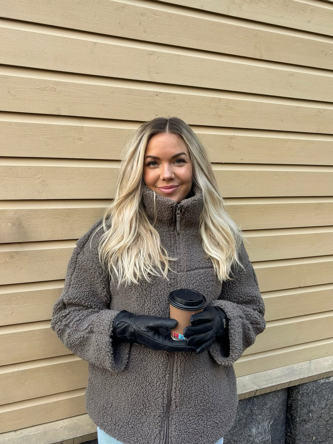 Cozy Brown Sherpa Jacket With Leather Gloves