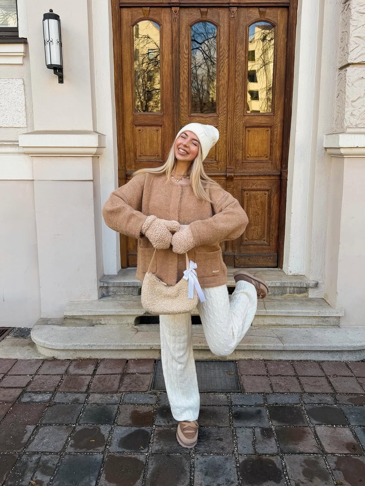 Cozy Camel Cardigan And White Cable Knit Pants