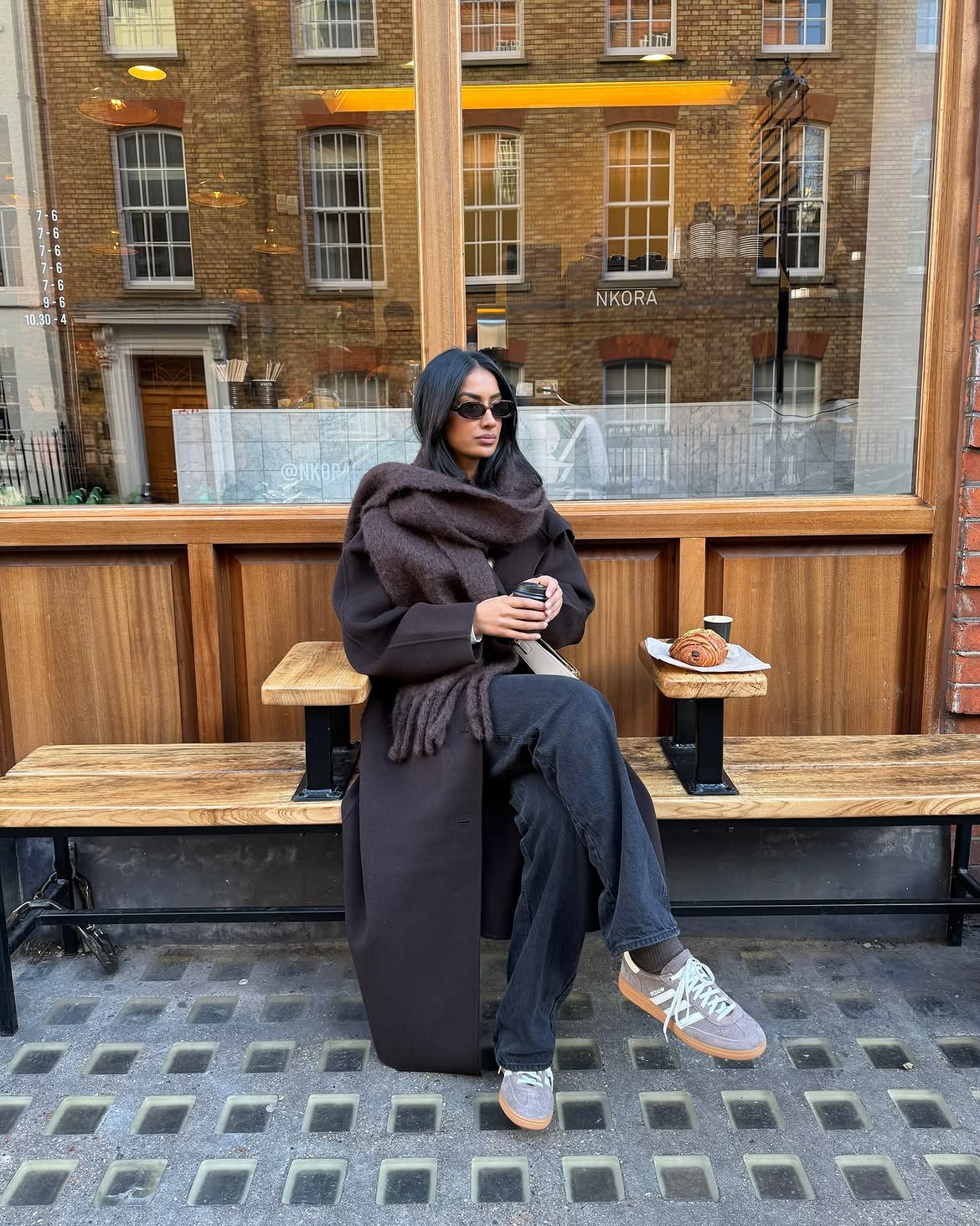Cozy Chocolate Brown Coat With Wide Leg Denim