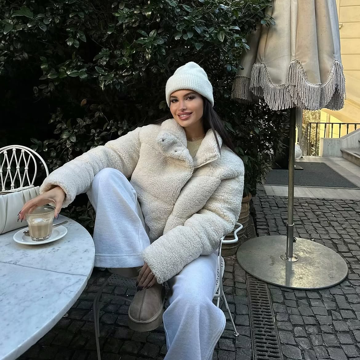 Cozy Cream Shearling Puffer And Matching Beanie Winter Look