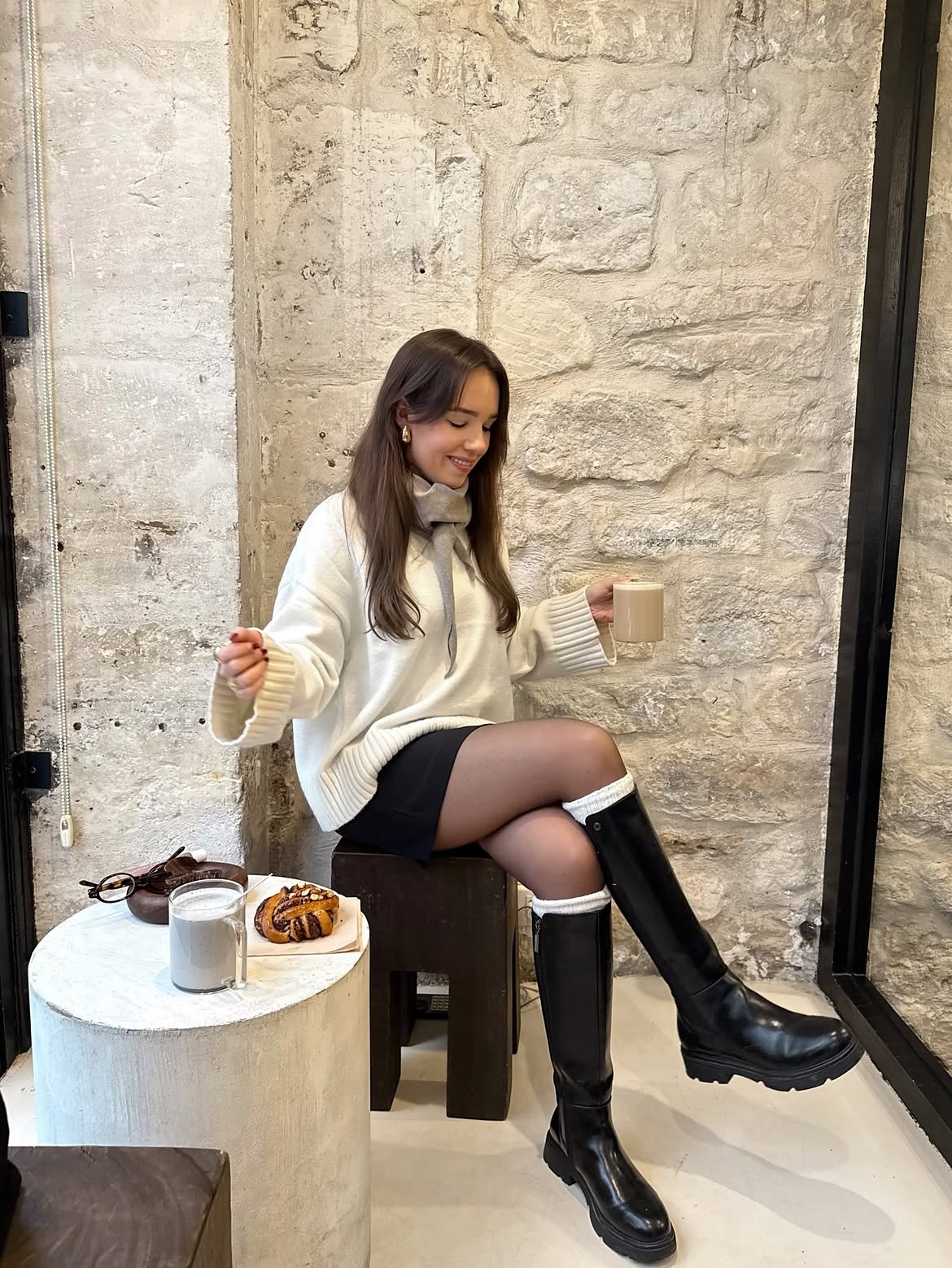 Cozy Cream Sweater With Black Mini Skirt And Boots
