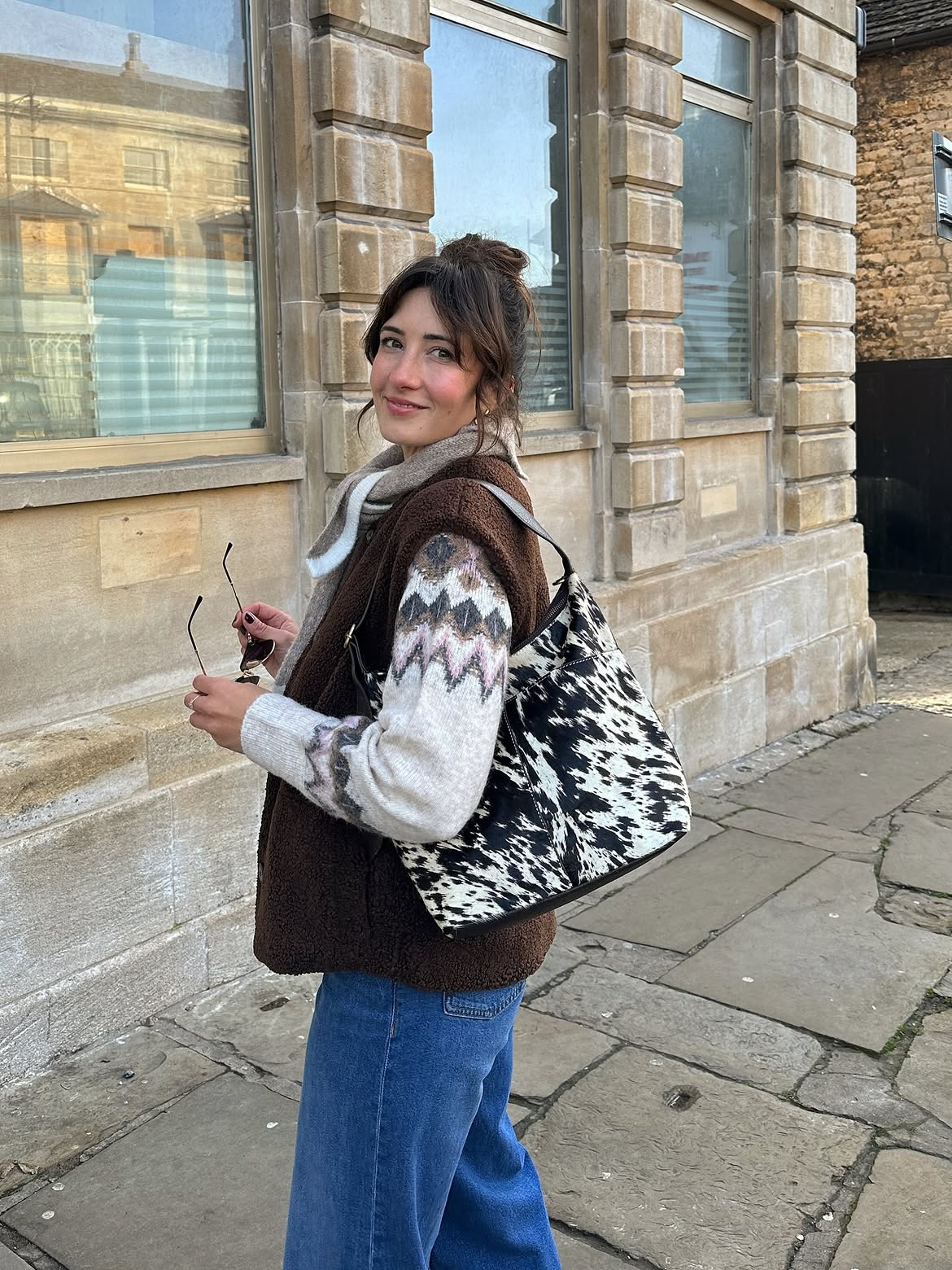 Cozy Fair Isle Sweater And Shearling Vest Look