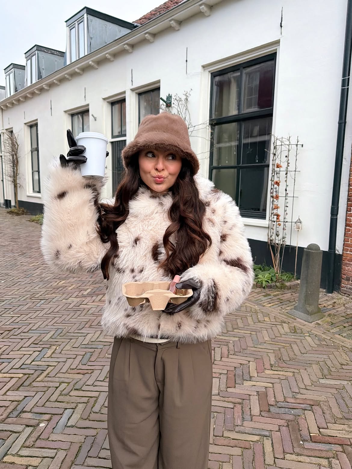 Cozy Faux Fur Jacket And Brown Bucket Hat