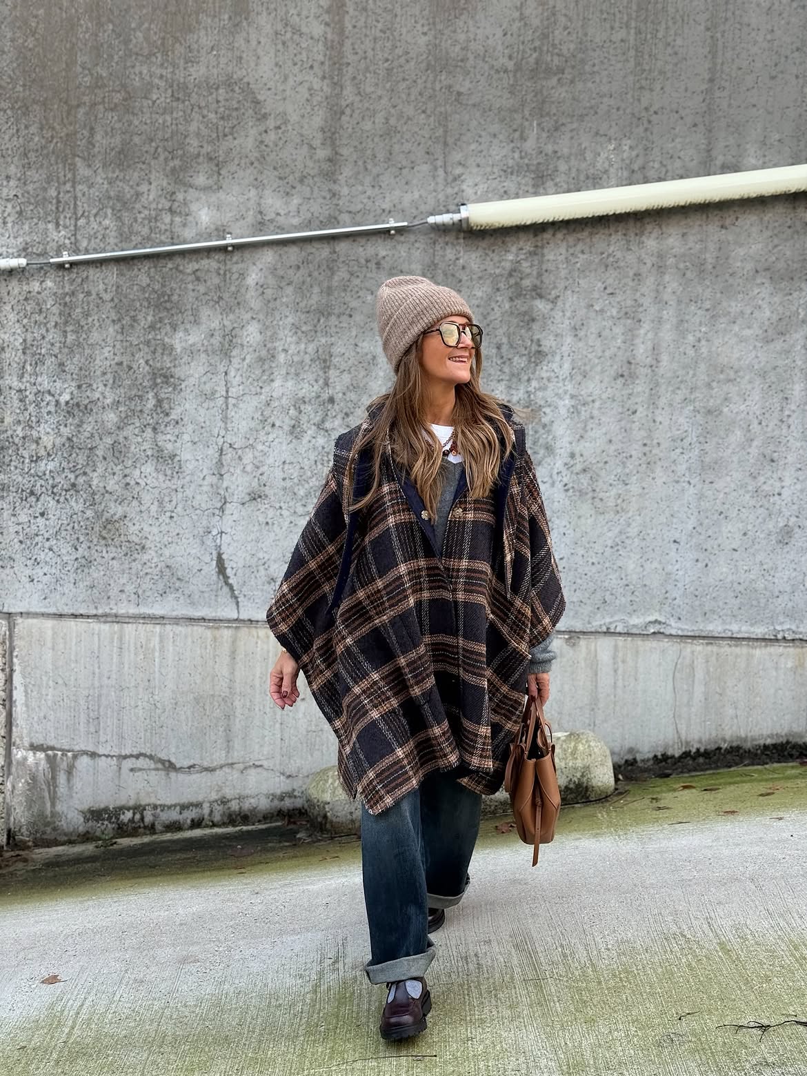 Cozy Plaid Poncho With Denim And Chunky Loafers