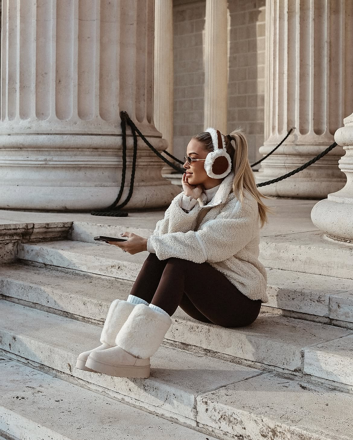 Cozy Sherpa Jacket And Faux Fur Boot Winter Look
