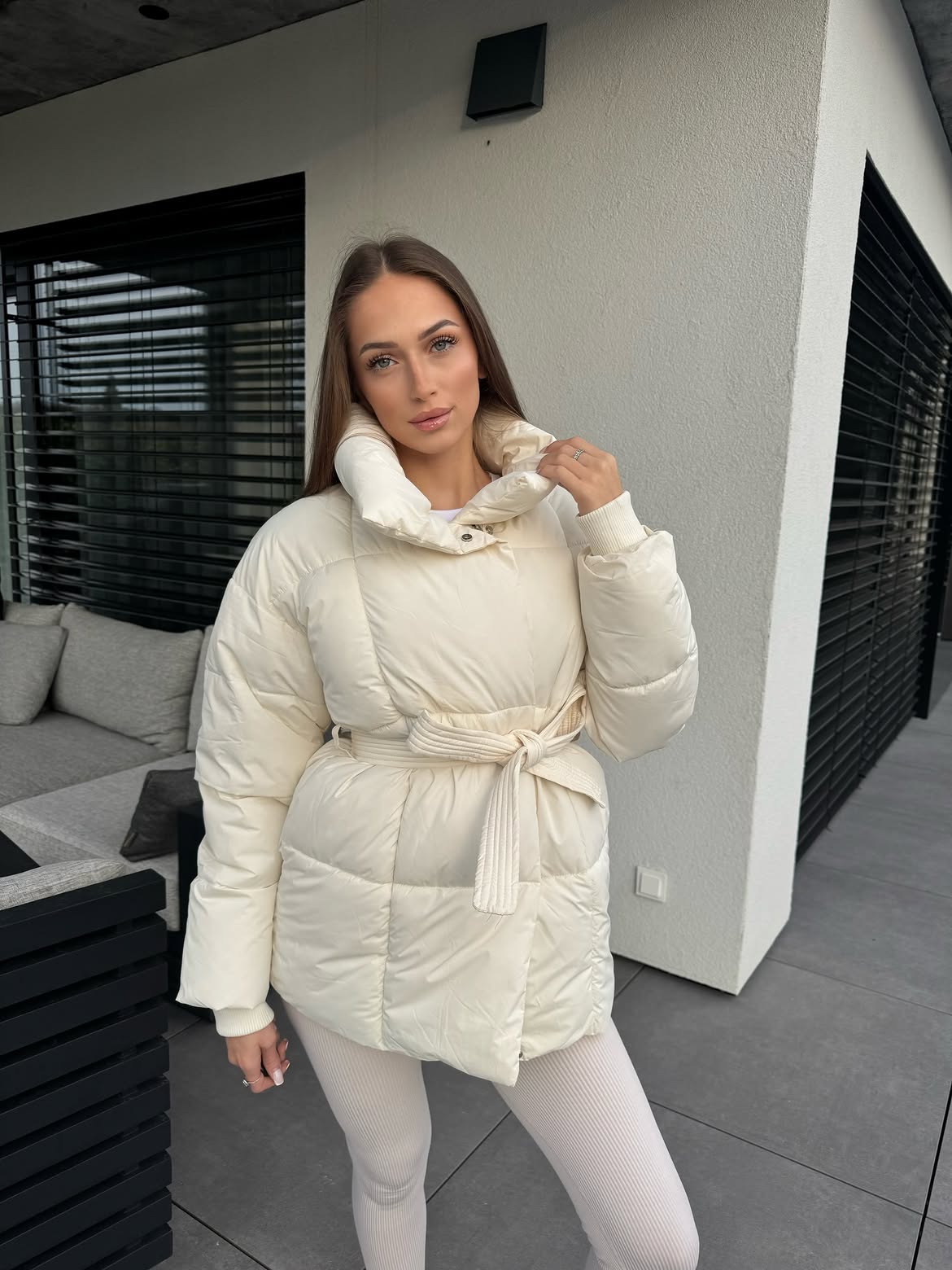 Cream Puffer Jacket With High Collar And Belt