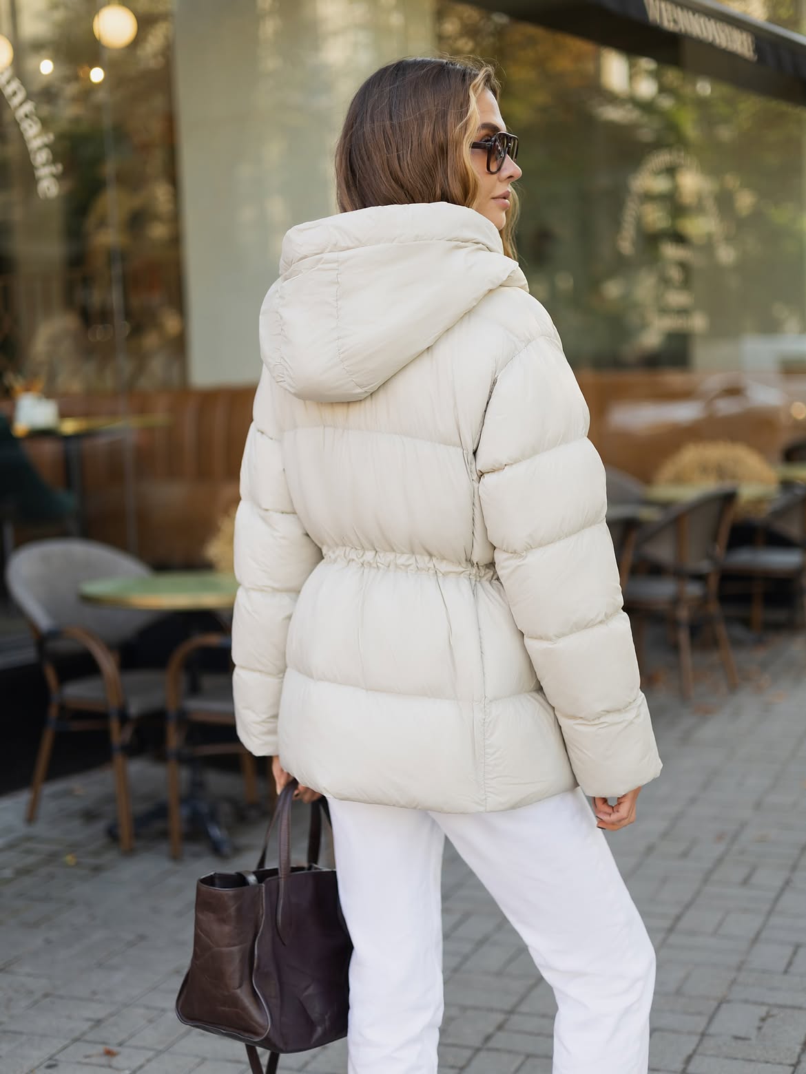 Cream Puffer Jacket With White Trousers