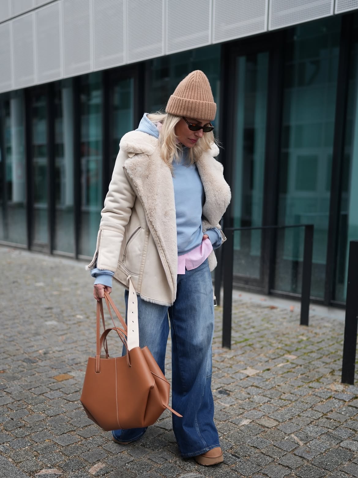 Cream Shearling Aviator With Baby Blue Hoodie and Denim