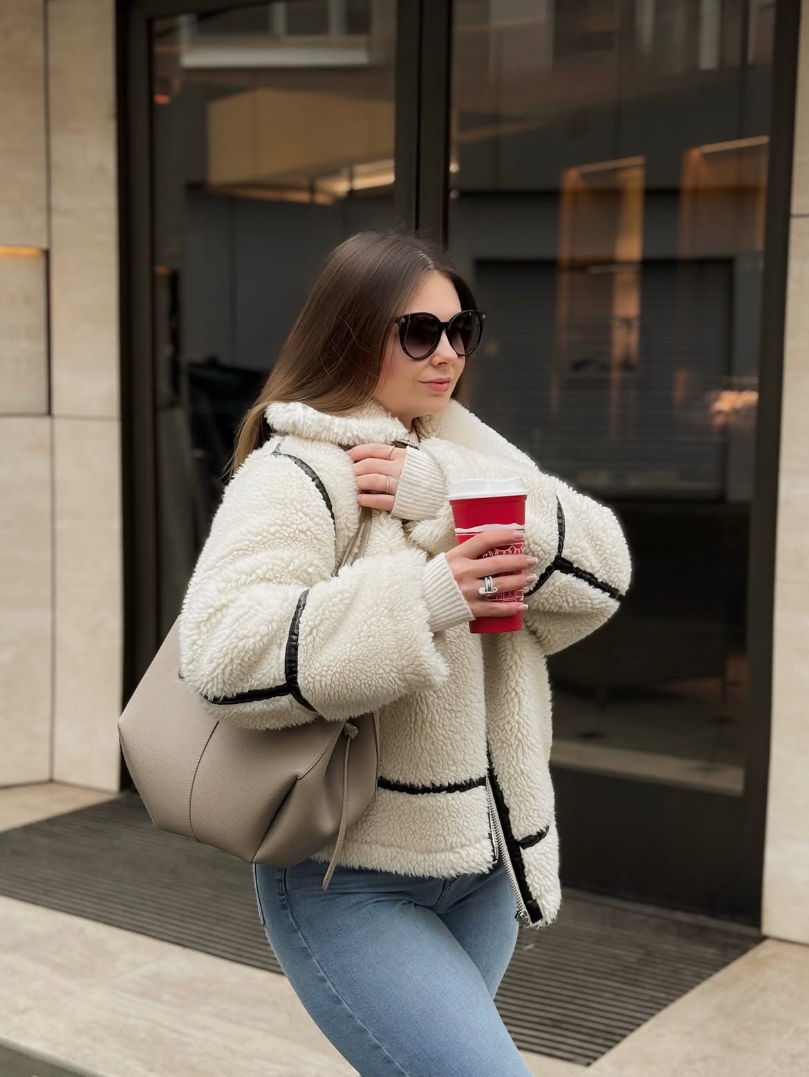 Cream Teddy Jacket With Light Wash Jeans