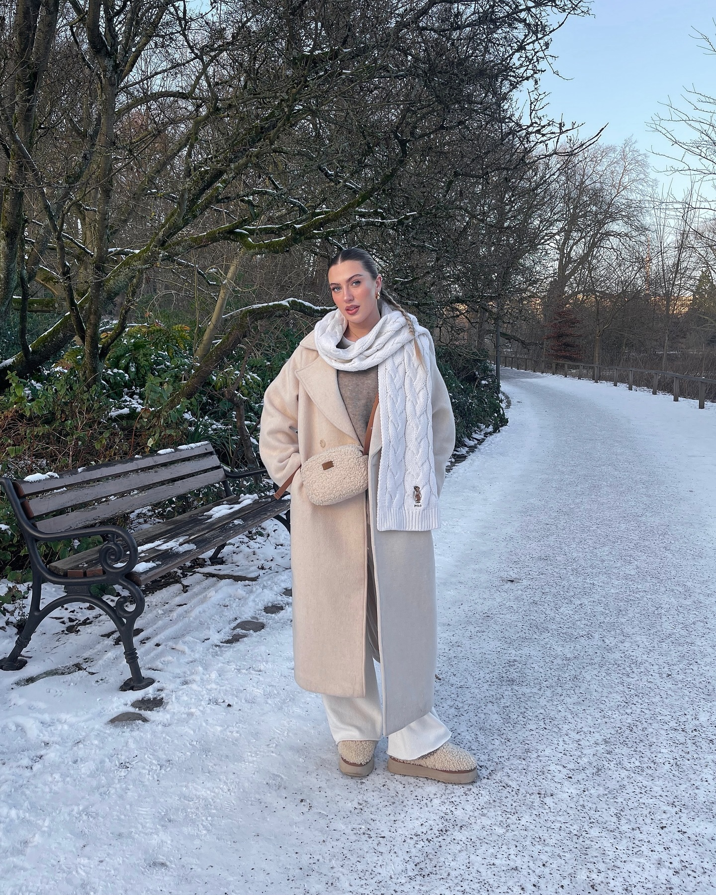Cream Wool Coat And Sherpa Boots Winter Walk